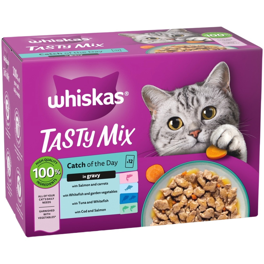 WHISKAS 1+ TASTY MIX Catch Of The Day Wet Cat Food Pouches in Gravy 12 x 85g - 1