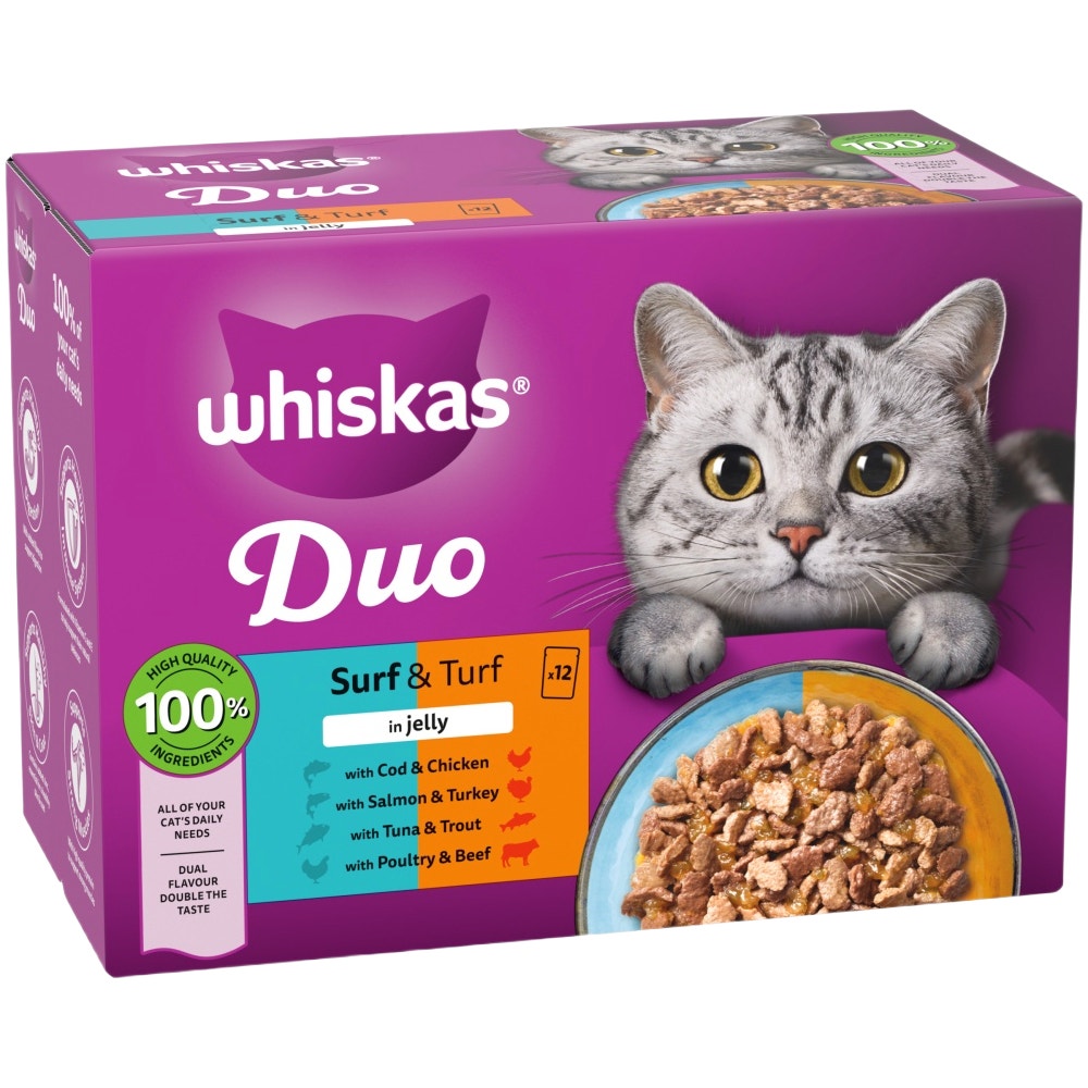 WHISKAS Duo Surf & Turf in Jelly Adult Wet Cat Food Pouch 80x85g, 40x85g, 12x85g - 1