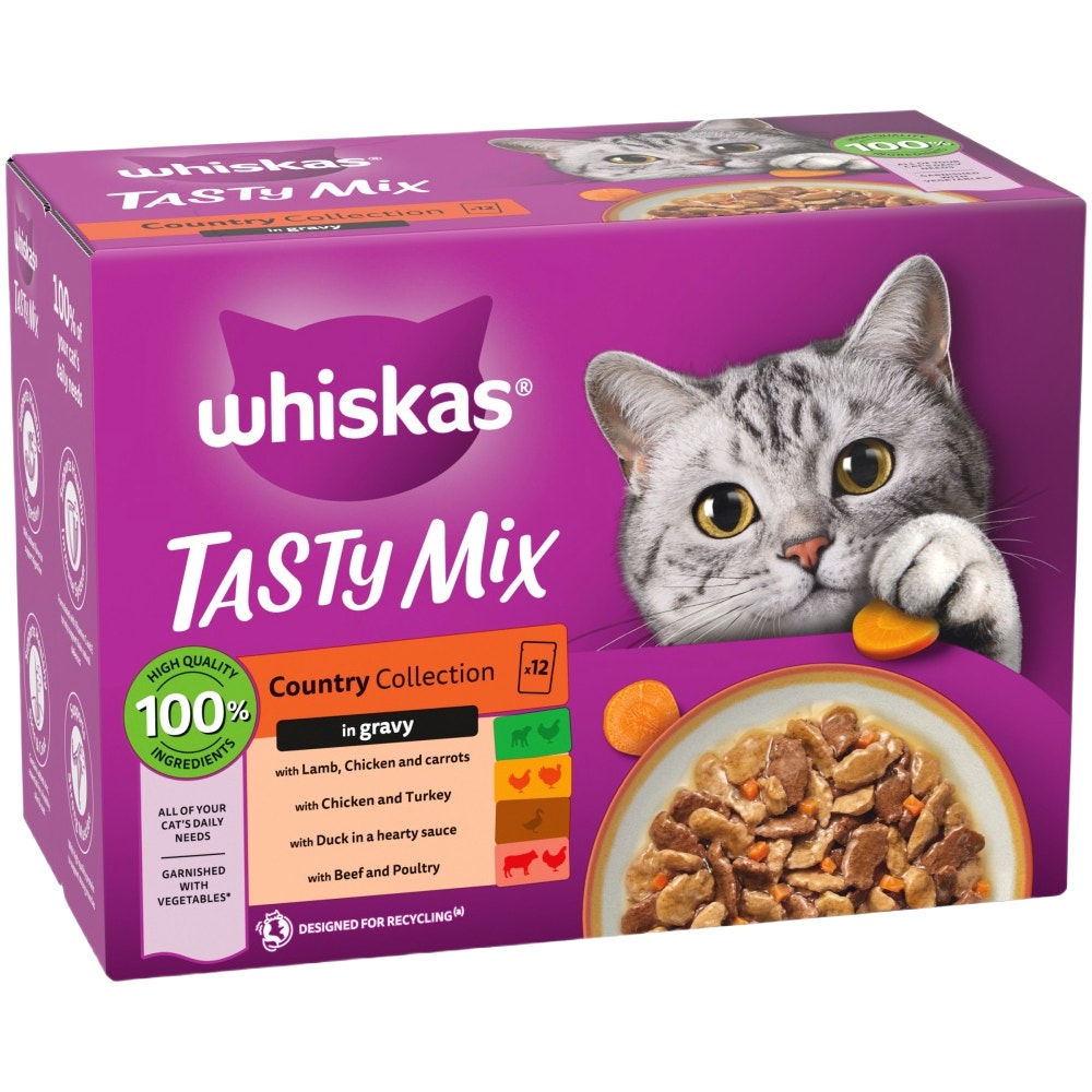 WHISKAS 1+ TASTY MIX Country Collection Wet Cat Food Pouches in Gravy 12 x 85g - 1