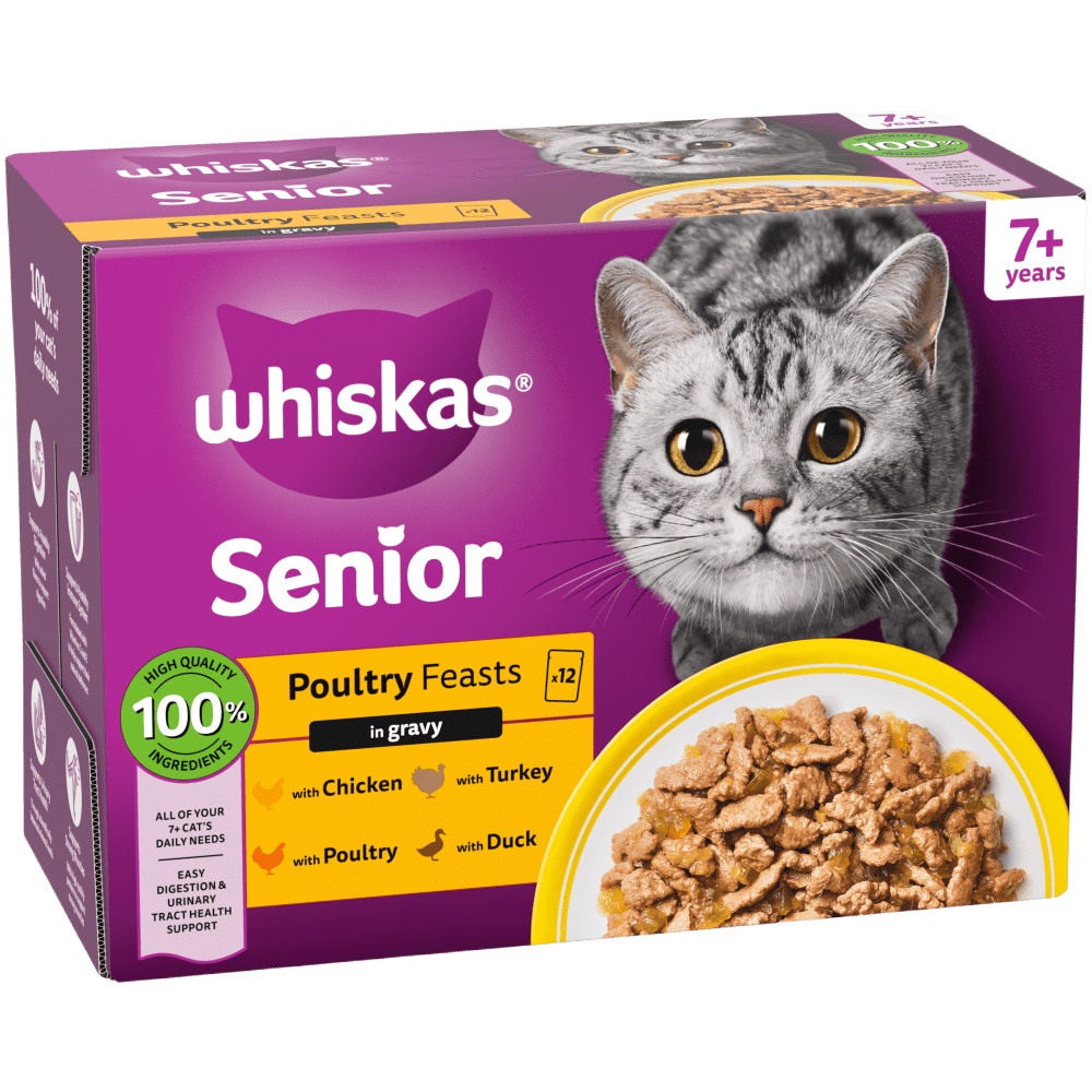 WHISKAS Senior 7+ POULTRY Feasts Wet Cat Food Pouches in Gravy 12 x 85g - 1