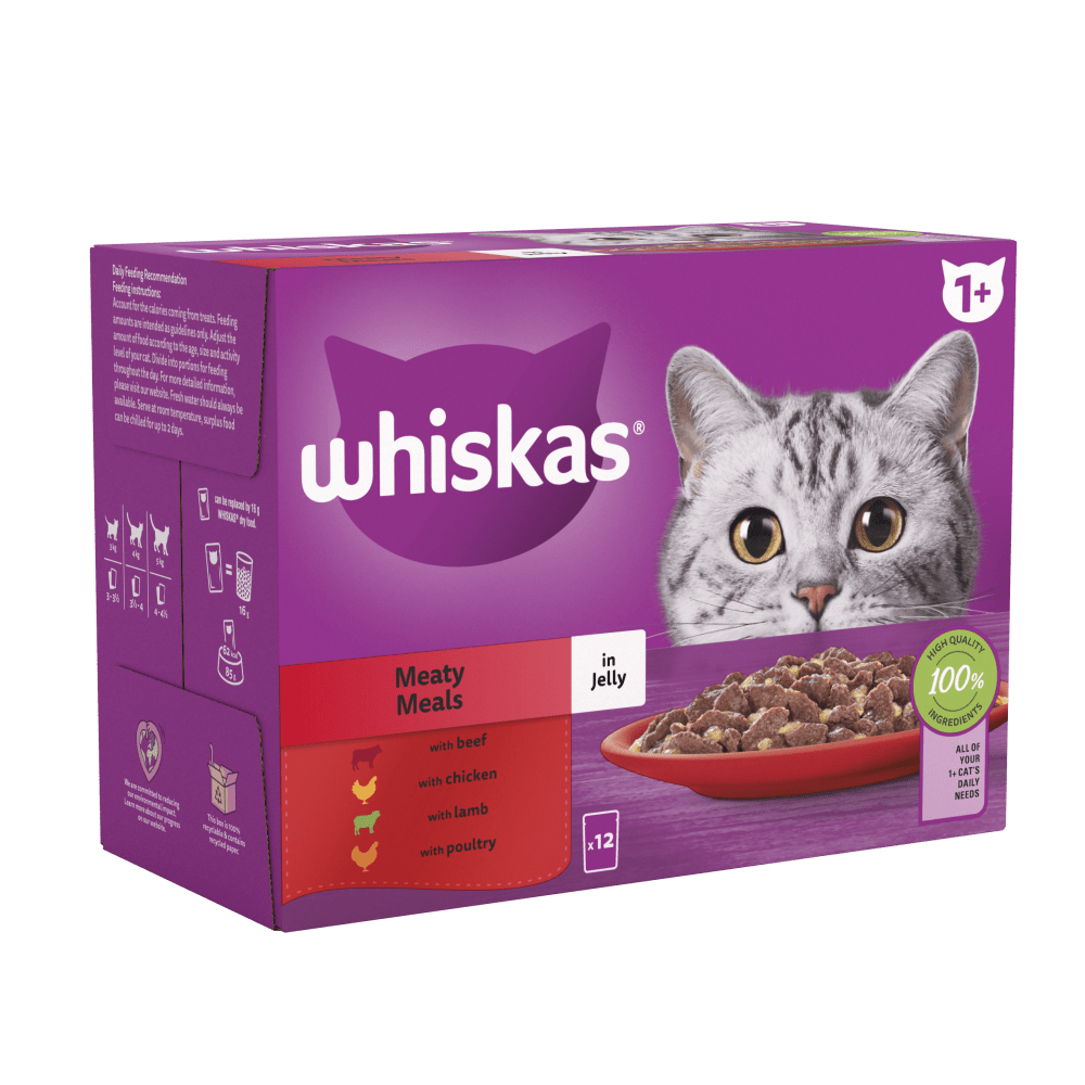 WHISKAS® Meaty Meals in Jelly 1+ Adult Wet Cat Food Pouches 12 x 85g - 1