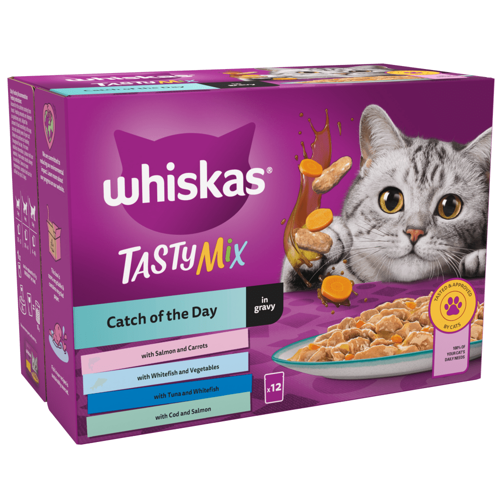 WHISKAS® TASTY MIX Catch of the Day in Gravy 1+ Adult Wet Cat Food Pouches 12 x 85g - 1