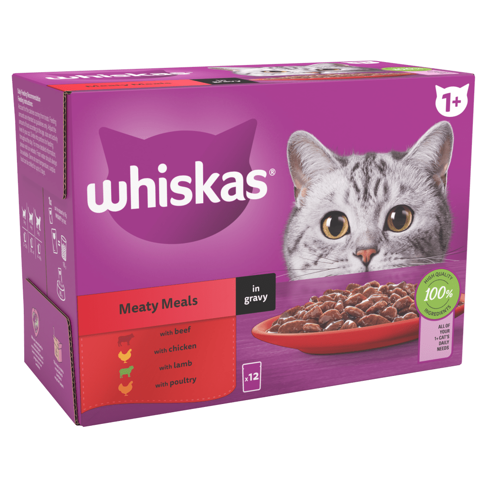 WHISKAS® Meaty Meals in Gravy 1+ Adult Wet Cat Food Pouches 12 x 85g - 1