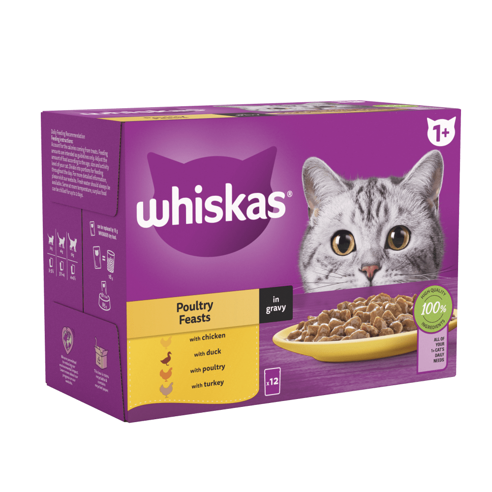 WHISKAS® Poultry Feasts in Gravy 1+ Adult Wet Cat Food Pouches 12 x 85g - 1
