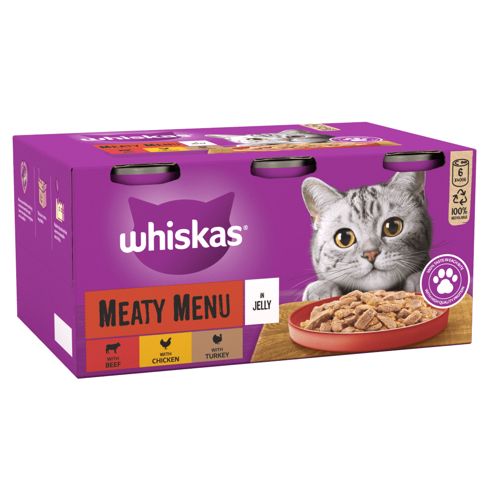 WHISKAS® 1+ Adult Meaty Menu in Jelly Adult Wet Cat Food Tin 6 x 400g - 1