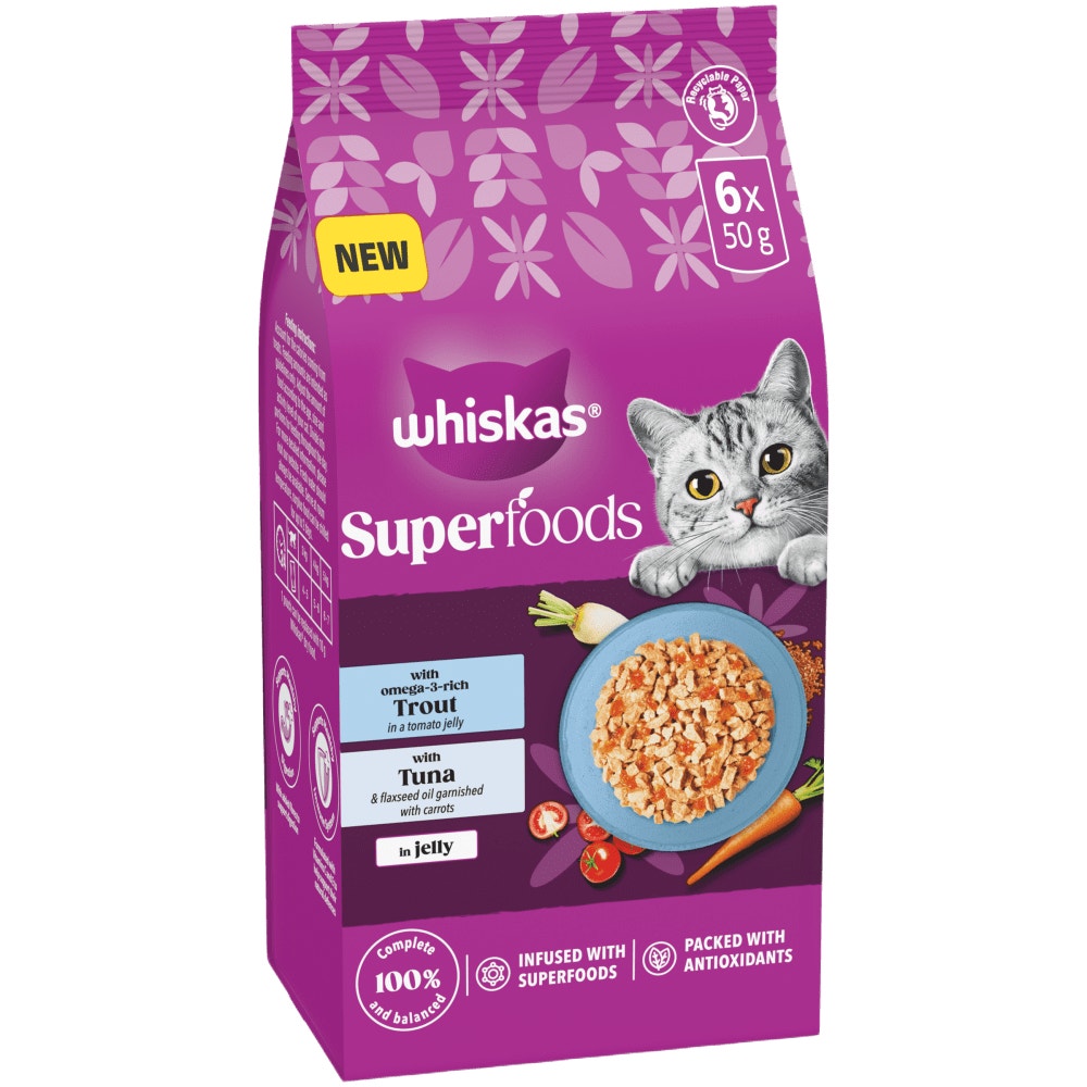 WHISKAS 1+ SUPERFOODS FISH Wet Cat Food Pouches in Jelly 6 x 50g - 1