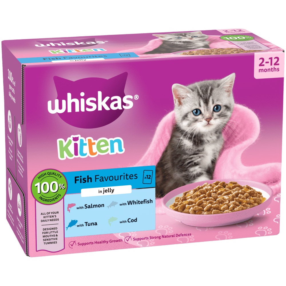 WHISKAS Kitten 2-12 mnths FISH Favourites Wet Cat Food Pouches in Jelly 12 x 85g - 1