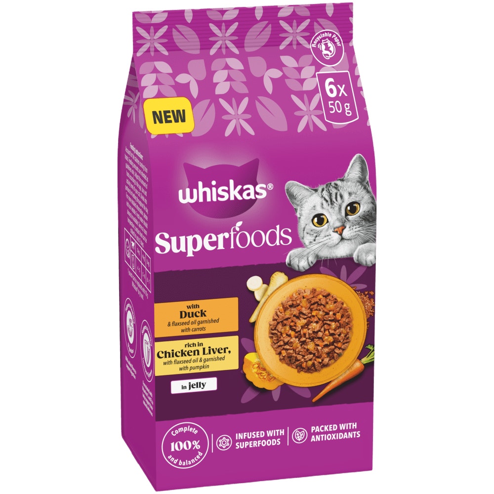 WHISKAS 1+ SUPERFOODS POULTRY Wet Cat Food Pouches in Jelly 6 x 50g - 1