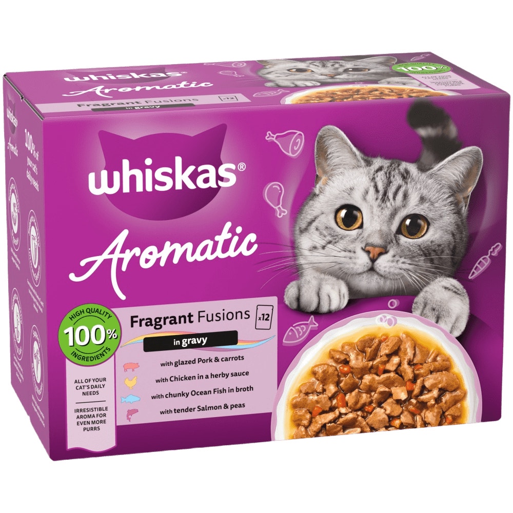 WHISKAS 1+ Aromatic Fragrant Fusions Selection Wet Cat Food Pouches 40x85g, 12x85g - 1