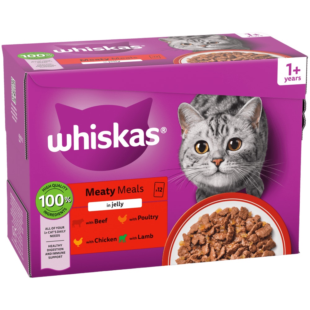 WHISKAS 1+ MEATY Meals Wet Cat Food Pouches in Jelly 12 x 85g - 1