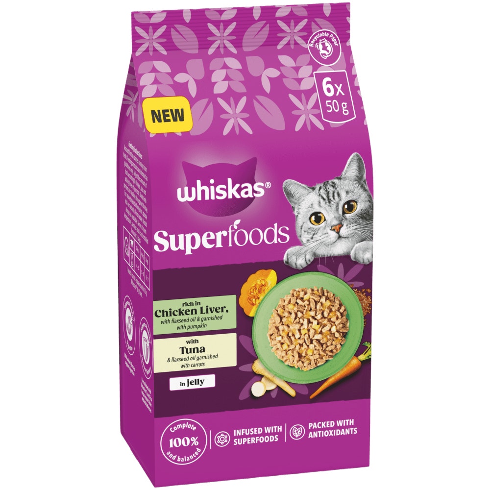 WHISKAS SUPERFOODS Mixed in Jelly Adult Wet Cat Food Pouch 6x50g, 15x50g - 1