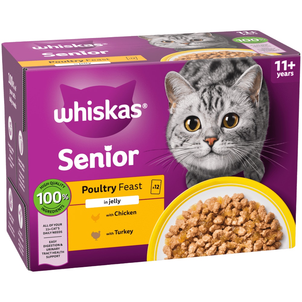 WHISKAS Senior 11+ POULTRY Feasts Wet Cat Food Pouches in Jelly 12 x 85g - 1