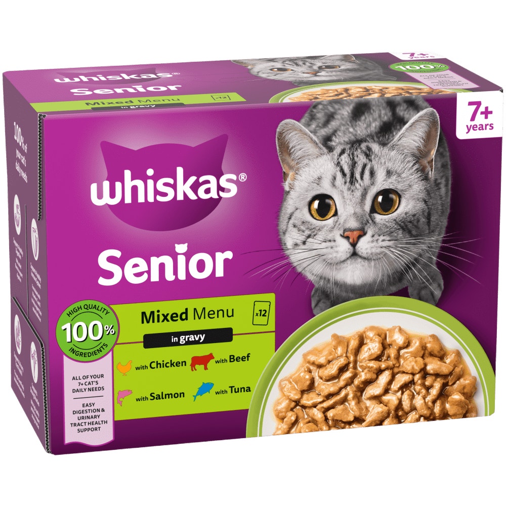 WHISKAS Senior 7+ MIXED Menu  Wet Cat Food Pouches in Gravy 12 x 85g - 1