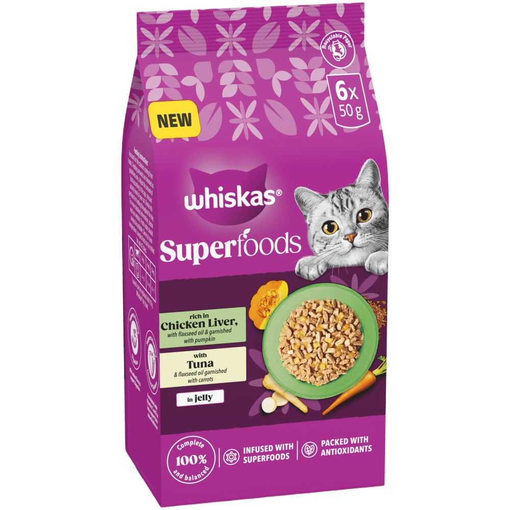 WHISKAS SUPERFOODS Mixed in Jelly Adult Wet Cat Food Pouch 6x50g, 15x50g - 1