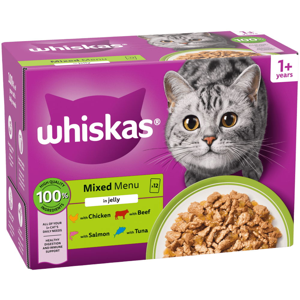 WHISKAS 1+ Mixed Menu Wet Cat Food Pouch in Jelly 40x85g, 12x85g - 1